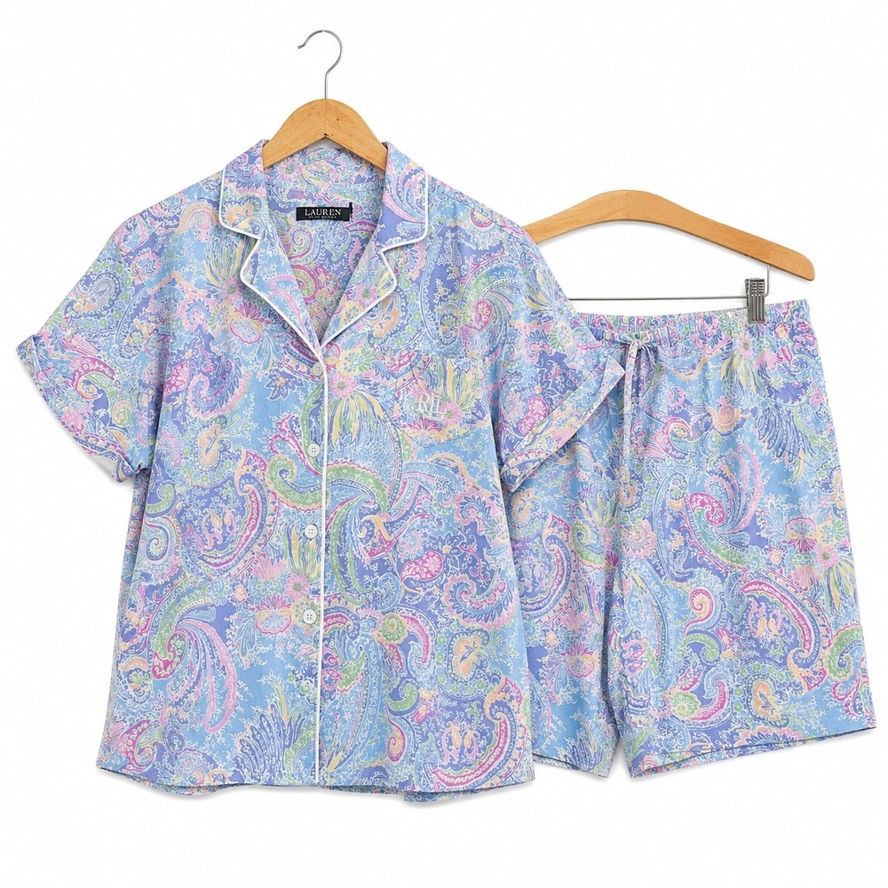 Lauren Ralph Lauren Womens Paisley Pajama Set Blue Pink Short Sleeve Shorts L